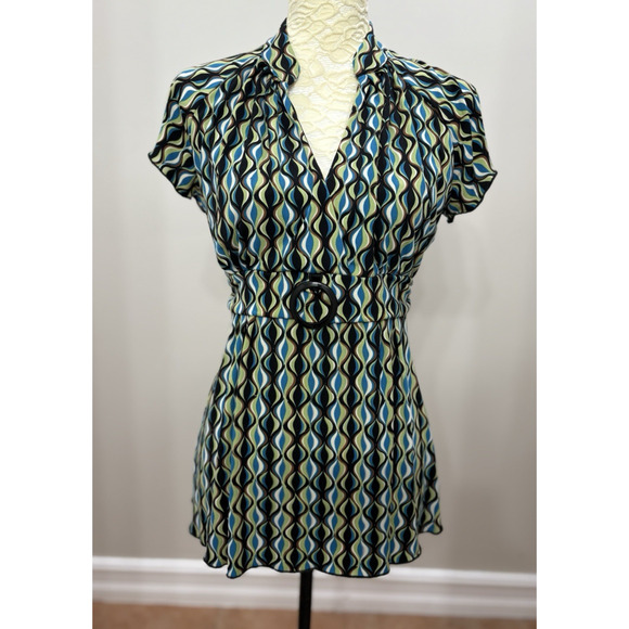 Vintage y2k Babydoll Top Small Black Green Geometric Tie Back V Neck Lettice Hem - Picture 1 of 10